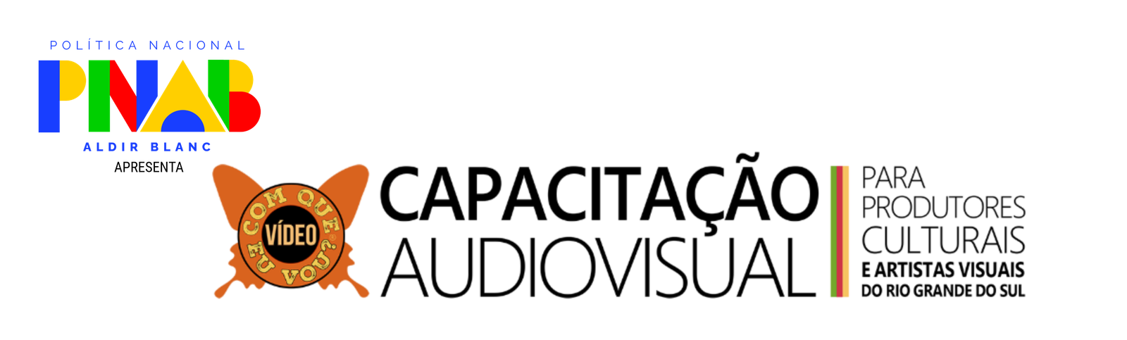 Logotipo do curso horizontal de Com que vídeo eu vou? – Capacitação Audiovisual para produtores culturais e artistas visuais do Rio Grande do Sul